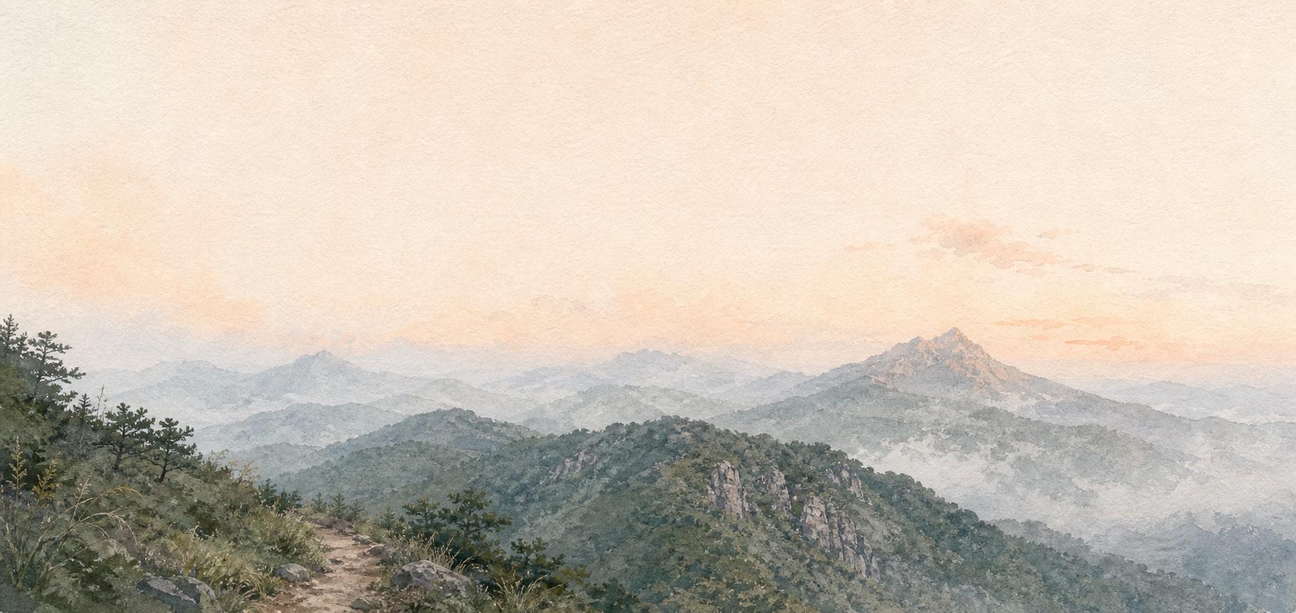 晨霧中層疊的山峰與前景松林